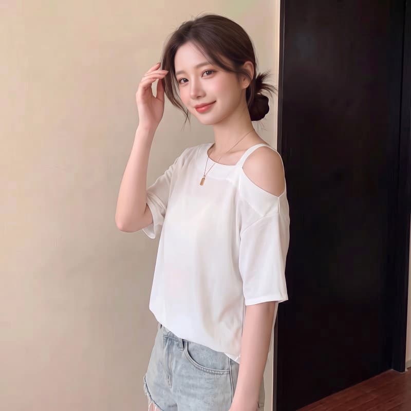 실사 빅 사이즈 지방 mm 여름 새로운 루즈핏 오프숄더 반팔 맨위 티셔츠 이미지 4