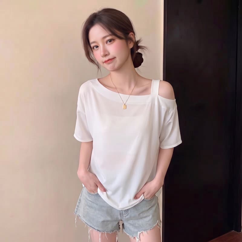 실사 빅 사이즈 지방 mm 여름 새로운 루즈핏 오프숄더 반팔 맨위 티셔츠 상세 이미지 4