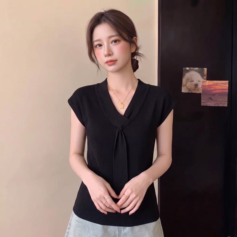 실사 빅 사이즈 지방 mm 여름 새로운 디자인 센스 V넥 리본 작은 날다 소매 반팔 맨위 니트 스웨터 이미지 5