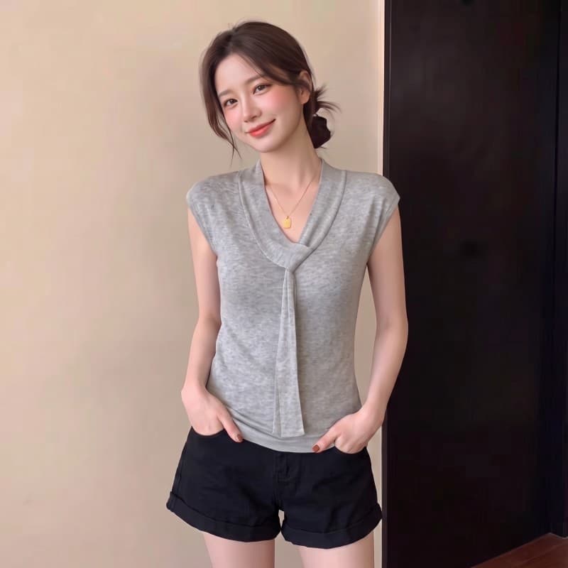 실사 빅 사이즈 지방 mm 여름 새로운 디자인 센스 V넥 리본 작은 날다 소매 반팔 맨위 니트 스웨터 상세 이미지 4
