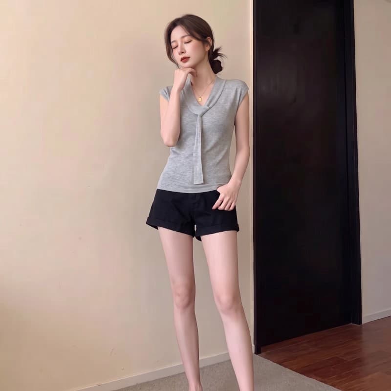 실사 빅 사이즈 지방 mm 여름 새로운 디자인 센스 V넥 리본 작은 날다 소매 반팔 맨위 니트 스웨터 상세 이미지 5
