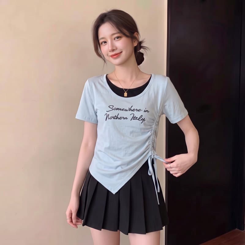 실사 빅 사이즈 지방 mm 여름 새로운 배색 페이크 레이어드 펌프 로프 불규칙 밑단 반팔 맨위 티셔츠 상세 이미지 3