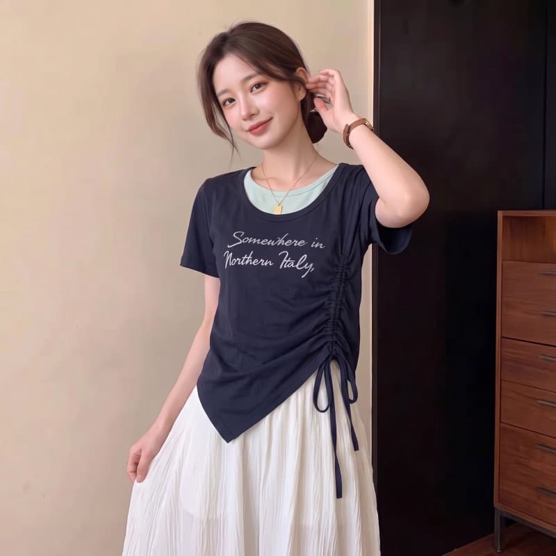 실사 빅 사이즈 지방 mm 여름 새로운 배색 페이크 레이어드 펌프 로프 불규칙 밑단 반팔 맨위 티셔츠 상세 이미지 5