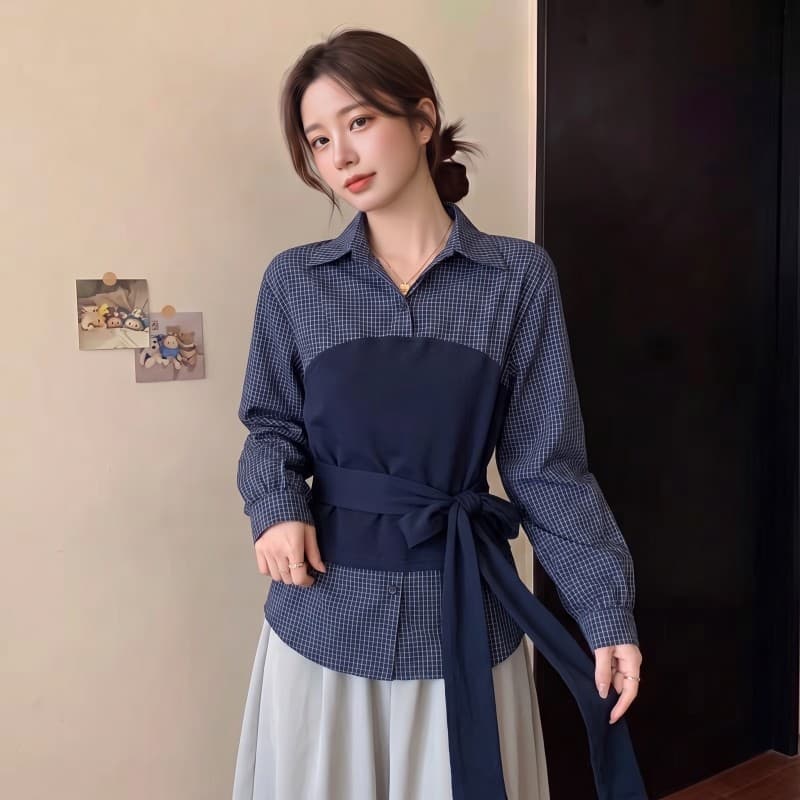실사 빅 사이즈 지방 mm 가을 새로운 체크무늬 POLO 칼라 셔츠 배색 프랑스식 패치워크 허리 수축 긴팔 맨위 이미지 2