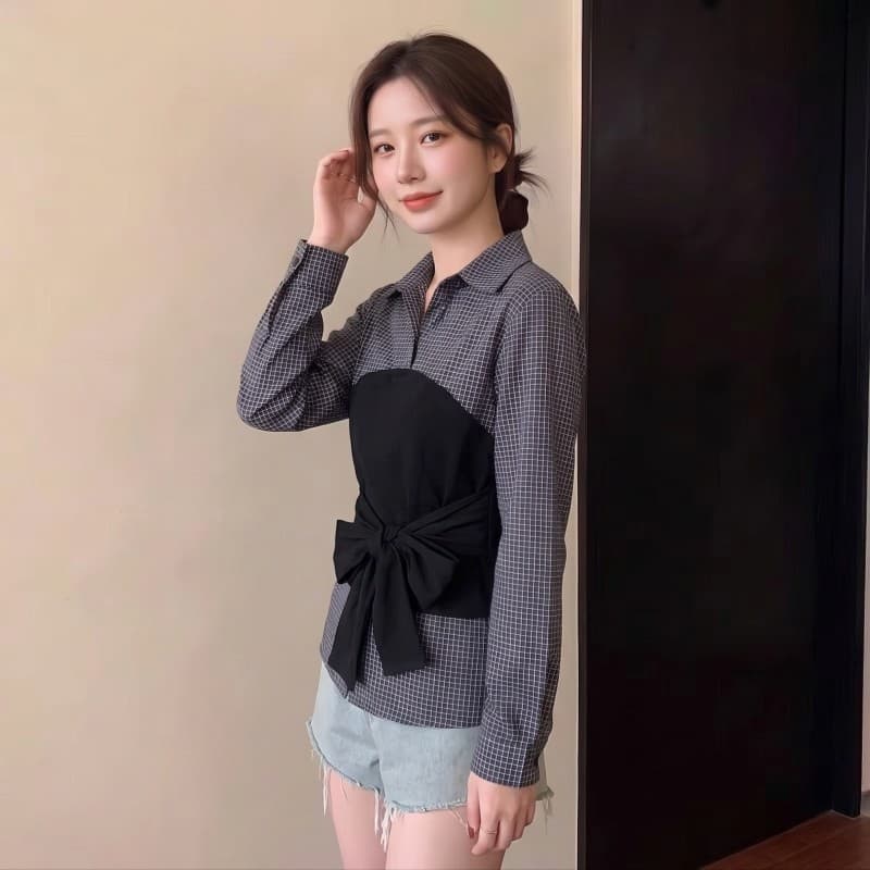 실사 빅 사이즈 지방 mm 가을 새로운 체크무늬 POLO 칼라 셔츠 배색 프랑스식 패치워크 허리 수축 긴팔 맨위 이미지 3