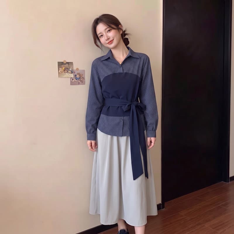 실사 빅 사이즈 지방 mm 가을 새로운 체크무늬 POLO 칼라 셔츠 배색 프랑스식 패치워크 허리 수축 긴팔 맨위 이미지 4