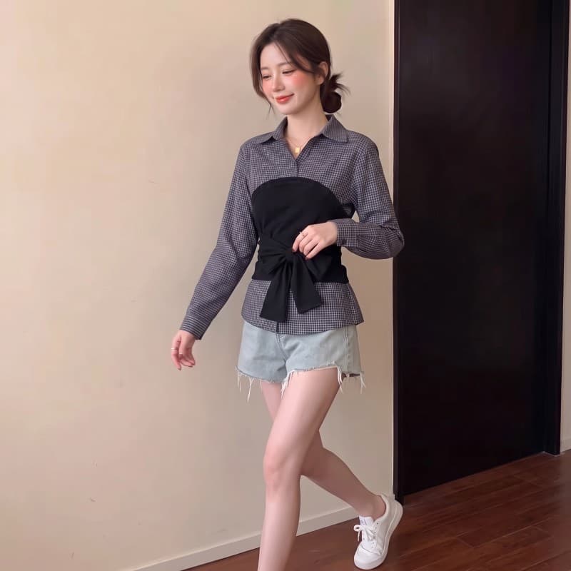 실사 빅 사이즈 지방 mm 가을 새로운 체크무늬 POLO 칼라 셔츠 배색 프랑스식 패치워크 허리 수축 긴팔 맨위 이미지 5