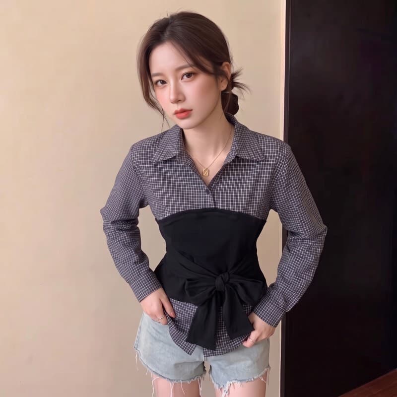 실사 빅 사이즈 지방 mm 가을 새로운 체크무늬 POLO 칼라 셔츠 배색 프랑스식 패치워크 허리 수축 긴팔 맨위 상세 이미지 4