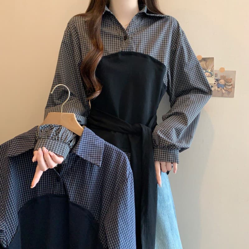 실사 빅 사이즈 지방 mm 가을 새로운 체크무늬 POLO 칼라 셔츠 배색 프랑스식 패치워크 허리 수축 긴팔 맨위 이미지 2