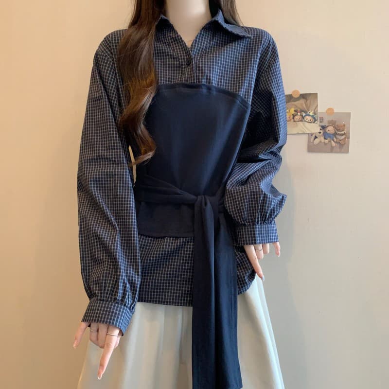 실사 빅 사이즈 지방 mm 가을 새로운 체크무늬 POLO 칼라 셔츠 배색 프랑스식 패치워크 허리 수축 긴팔 맨위 이미지 3