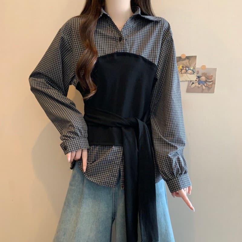실사 빅 사이즈 지방 mm 가을 새로운 체크무늬 POLO 칼라 셔츠 배색 프랑스식 패치워크 허리 수축 긴팔 맨위 상세 이미지 7