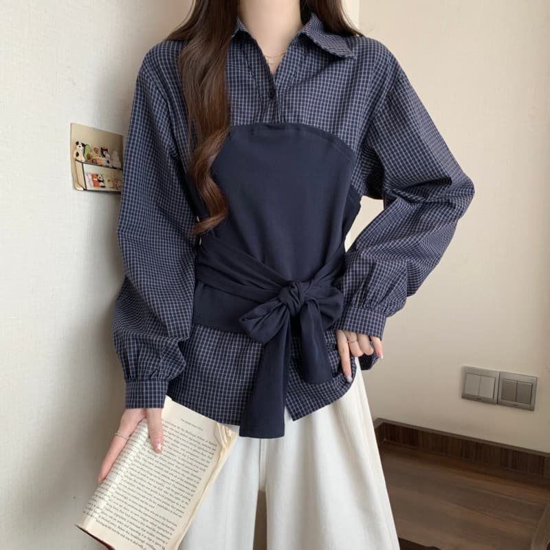 실사 빅 사이즈 지방 mm 가을 새로운 체크무늬 POLO 칼라 셔츠 배색 프랑스식 패치워크 허리 수축 긴팔 맨위 상세 이미지 20