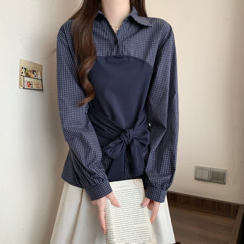 실사 빅 사이즈 지방 mm 가을 새로운 체크무늬 POLO 칼라 셔츠 배색 프랑스식 패치워크 허리 수축 긴팔 맨위 상세 이미지 21