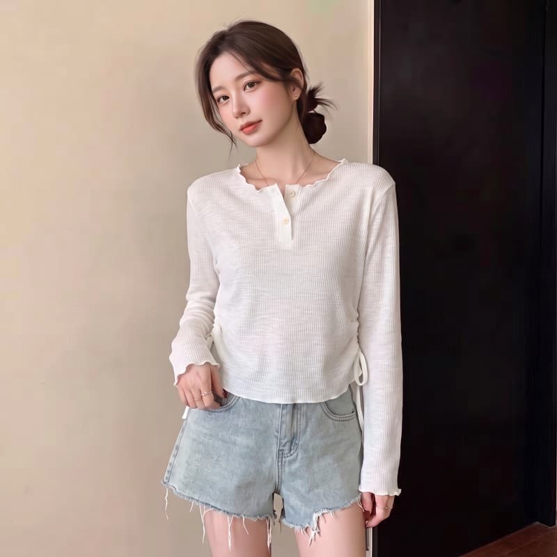 실사 2026 가을 새로운 빅 사이즈 지방 mm 라운드 넥 루즈핏 불규칙 레이스업 밑단 긴팔 티셔츠 이미지 3