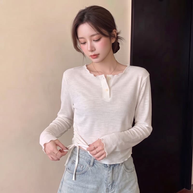 실사 2026 가을 새로운 빅 사이즈 지방 mm 라운드 넥 루즈핏 불규칙 레이스업 밑단 긴팔 티셔츠 이미지 5
