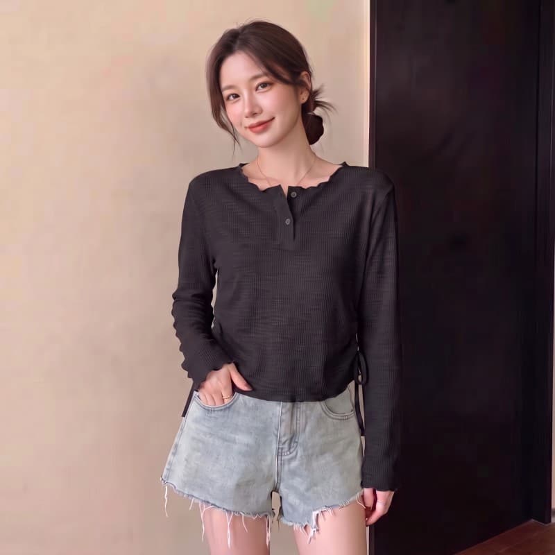 실사 2026 가을 새로운 빅 사이즈 지방 mm 라운드 넥 루즈핏 불규칙 레이스업 밑단 긴팔 티셔츠 상세 이미지 2