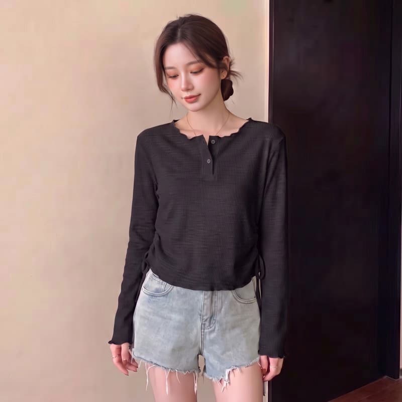 실사 2026 가을 새로운 빅 사이즈 지방 mm 라운드 넥 루즈핏 불규칙 레이스업 밑단 긴팔 티셔츠 상세 이미지 3