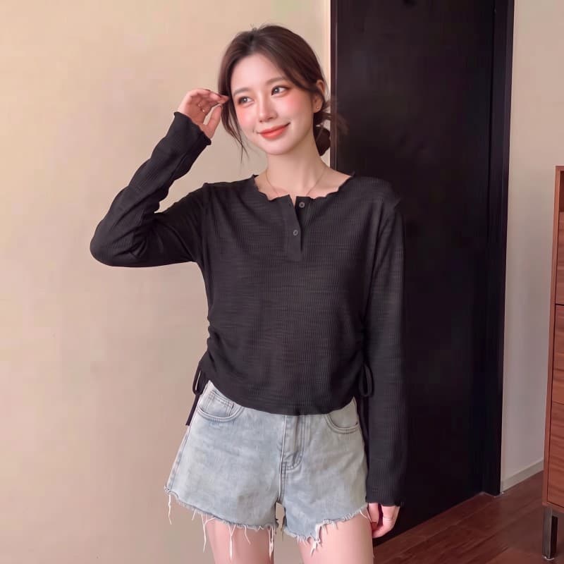 실사 2026 가을 새로운 빅 사이즈 지방 mm 라운드 넥 루즈핏 불규칙 레이스업 밑단 긴팔 티셔츠 상세 이미지 4