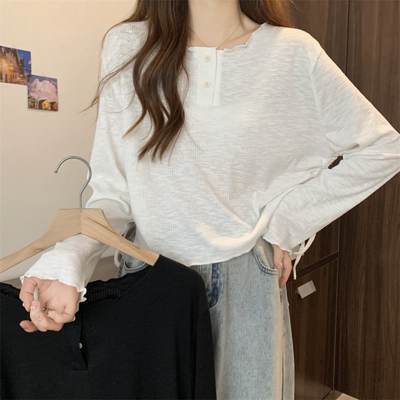 실사 2026 가을 새로운 빅 사이즈 지방 mm 라운드 넥 루즈핏 불규칙 레이스업 밑단 긴팔 티셔츠 이미지 2