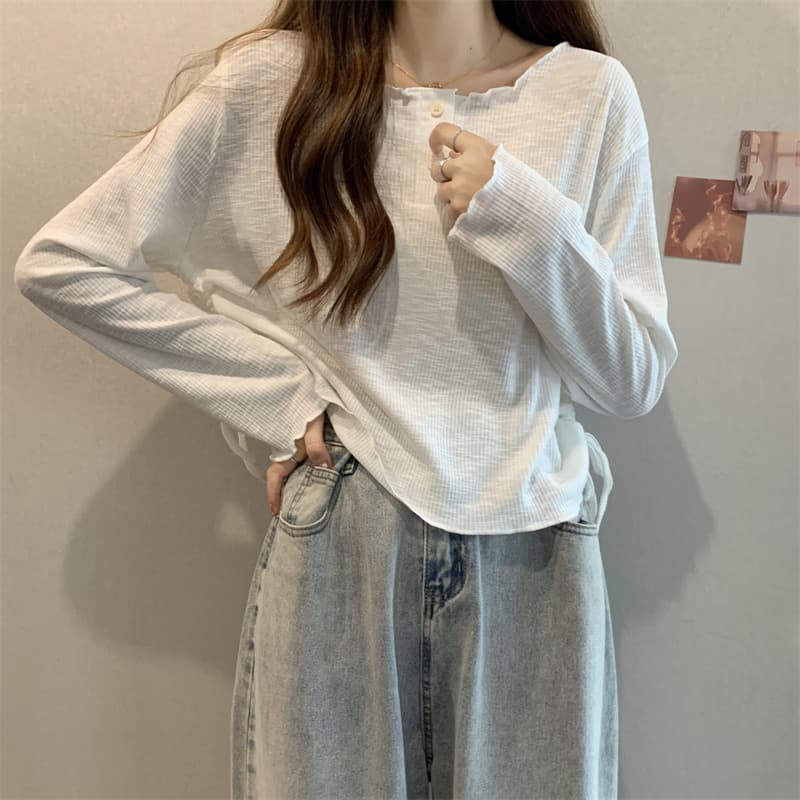 실사 2026 가을 새로운 빅 사이즈 지방 mm 라운드 넥 루즈핏 불규칙 레이스업 밑단 긴팔 티셔츠 상세 이미지 3