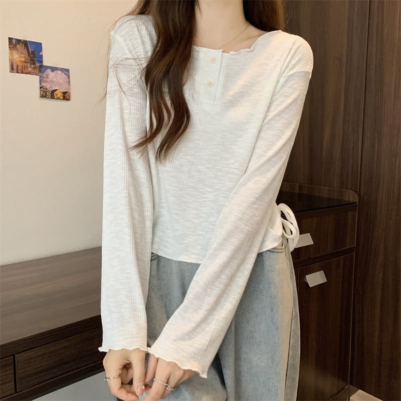 실사 2026 가을 새로운 빅 사이즈 지방 mm 라운드 넥 루즈핏 불규칙 레이스업 밑단 긴팔 티셔츠 상세 이미지 5
