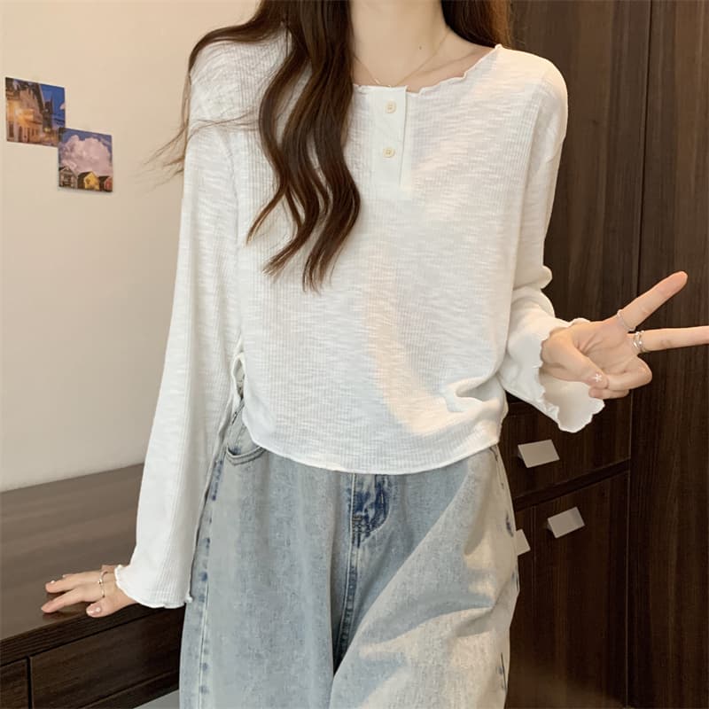 실사 2026 가을 새로운 빅 사이즈 지방 mm 라운드 넥 루즈핏 불규칙 레이스업 밑단 긴팔 티셔츠 상세 이미지 7