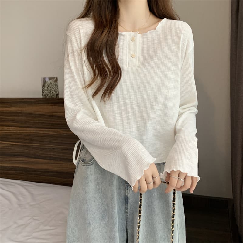 실사 2026 가을 새로운 빅 사이즈 지방 mm 라운드 넥 루즈핏 불규칙 레이스업 밑단 긴팔 티셔츠 상세 이미지 9