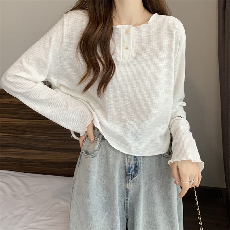 실사 2026 가을 새로운 빅 사이즈 지방 mm 라운드 넥 루즈핏 불규칙 레이스업 밑단 긴팔 티셔츠 상세 이미지 10