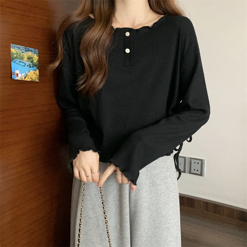 실사 2026 가을 새로운 빅 사이즈 지방 mm 라운드 넥 루즈핏 불규칙 레이스업 밑단 긴팔 티셔츠 상세 이미지 17