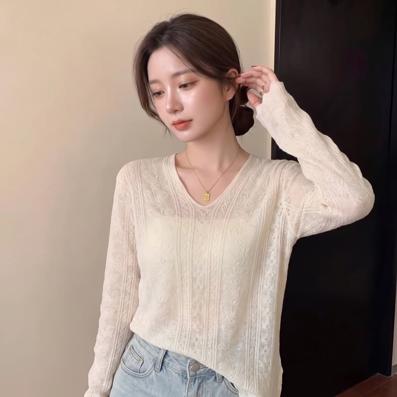 실사 빅 사이즈 지방 mm 봄 새로운 V넥 어두운 꽃 물결무늬 옆으로 눕다. 진자 긴팔 맨위 니트 스웨터 이미지 5