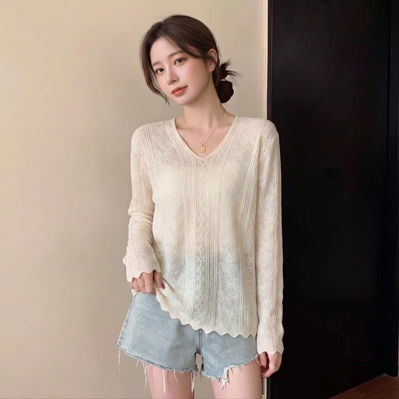 실사 빅 사이즈 지방 mm 봄 새로운 V넥 어두운 꽃 물결무늬 옆으로 눕다. 진자 긴팔 맨위 니트 스웨터 상세 이미지 3