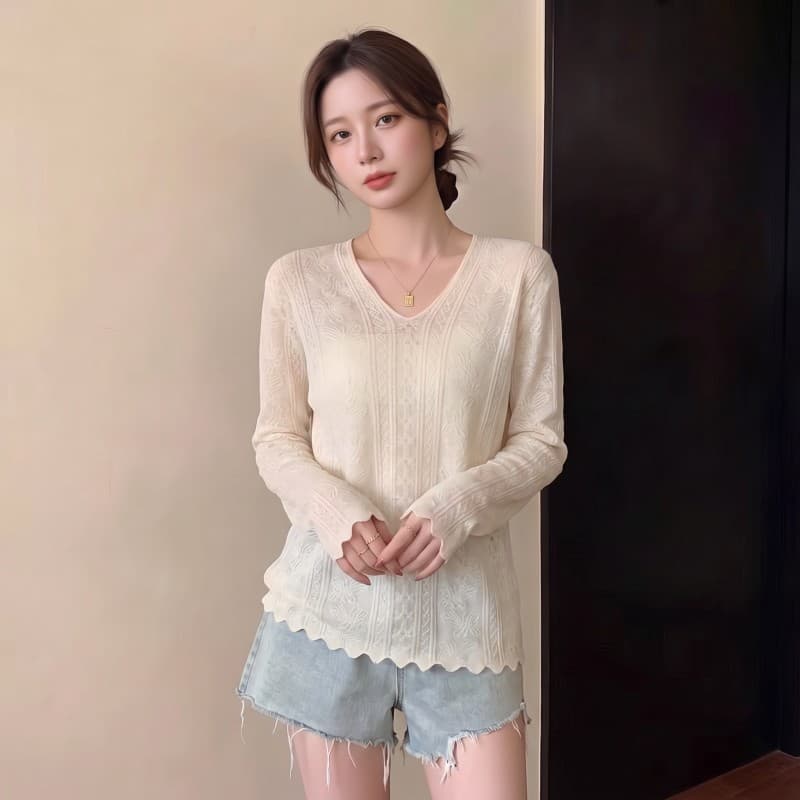 실사 빅 사이즈 지방 mm 봄 새로운 V넥 어두운 꽃 물결무늬 옆으로 눕다. 진자 긴팔 맨위 니트 스웨터 상세 이미지 5