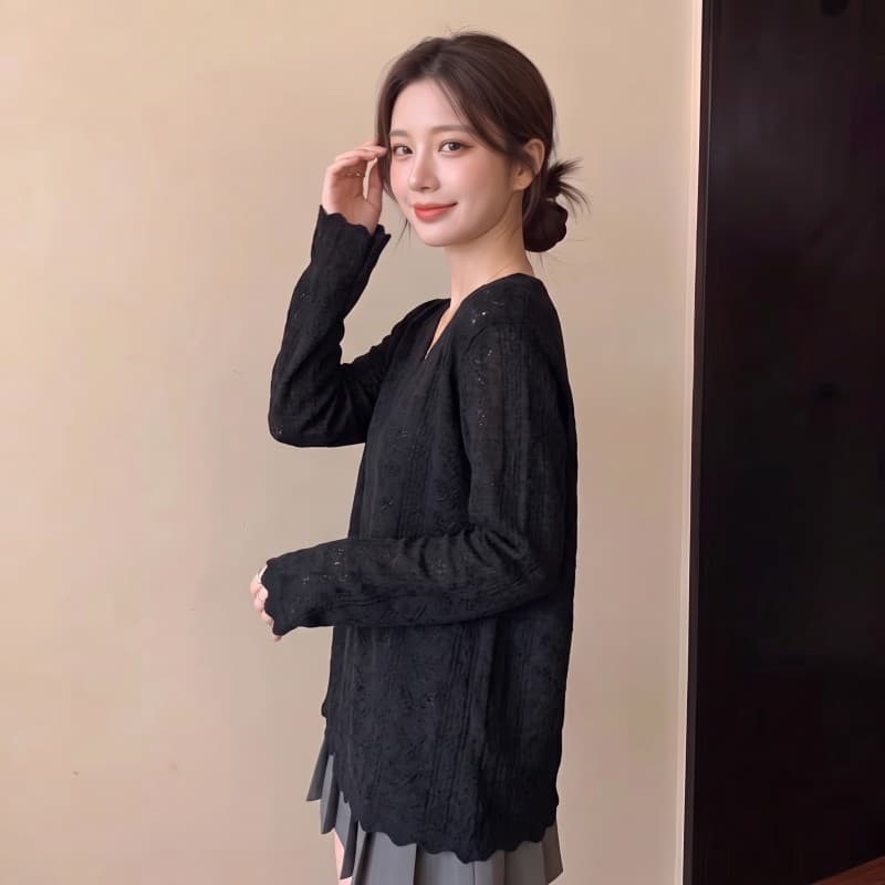 실사 빅 사이즈 지방 mm 봄 새로운 V넥 어두운 꽃 물결무늬 옆으로 눕다. 진자 긴팔 맨위 니트 스웨터 상세 이미지 7