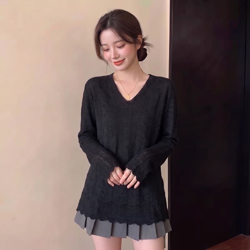 실사 빅 사이즈 지방 mm 봄 새로운 V넥 어두운 꽃 물결무늬 옆으로 눕다. 진자 긴팔 맨위 니트 스웨터 상세 이미지 8