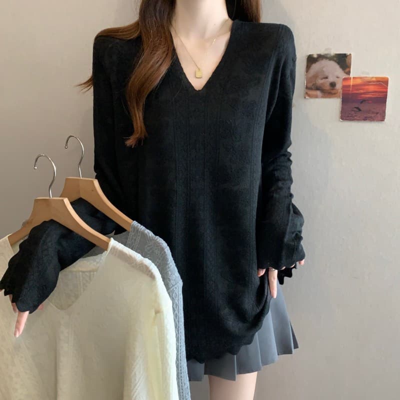 실사 빅 사이즈 지방 mm 봄 새로운 V넥 어두운 꽃 물결무늬 옆으로 눕다. 진자 긴팔 맨위 니트 스웨터 이미지 3