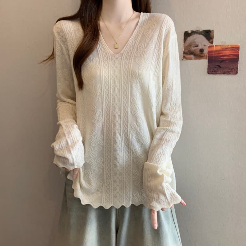 실사 빅 사이즈 지방 mm 봄 새로운 V넥 어두운 꽃 물결무늬 옆으로 눕다. 진자 긴팔 맨위 니트 스웨터 상세 이미지 7