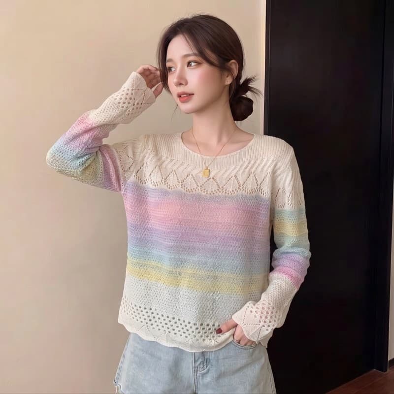 실사 빅 사이즈 지방 mm 가을 새로운 프랑스식 광장 칼라 무지개 그라데이션 구슬 길이 소매 맨위 니트 스웨터 이미지 5
