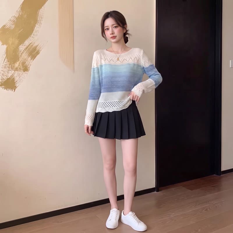 실사 빅 사이즈 지방 mm 가을 새로운 프랑스식 광장 칼라 무지개 그라데이션 구슬 길이 소매 맨위 니트 스웨터 상세 이미지 4