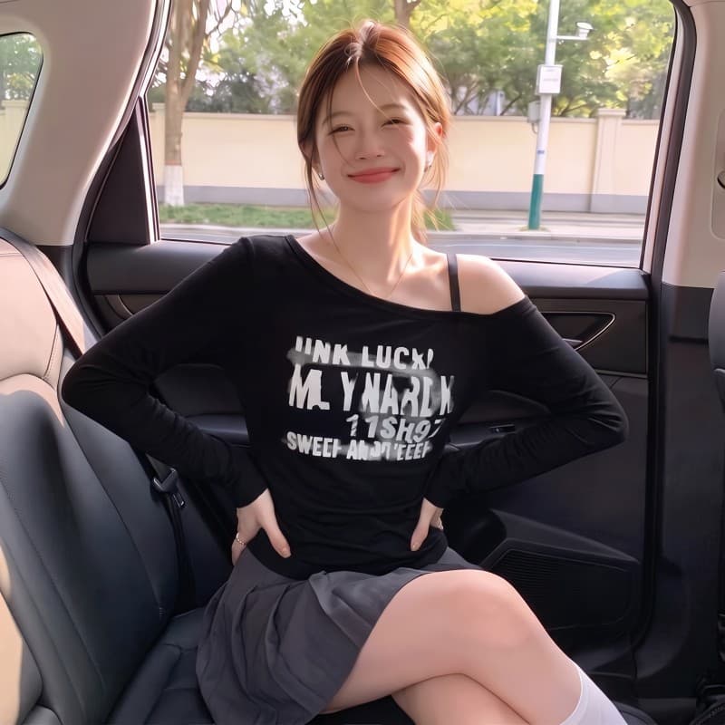 실사 빅 사이즈 지방 mm 가을 새로운 아메리칸 이슬 숄더백 프린트 알파벳 몸매 가꾸기 비대칭 긴팔 맨위 티셔츠 상세 이미지 11