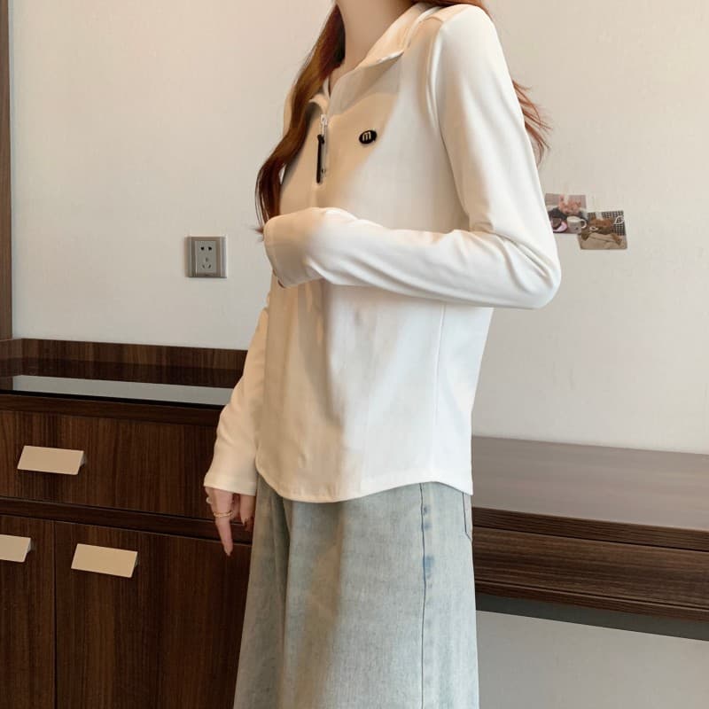 실사 빅 사이즈 지방 mm 가을 새로운 하프 지퍼 단색 긍정적 인 어깨 긴팔 풀오버 맨위 티셔츠 상세 이미지 3