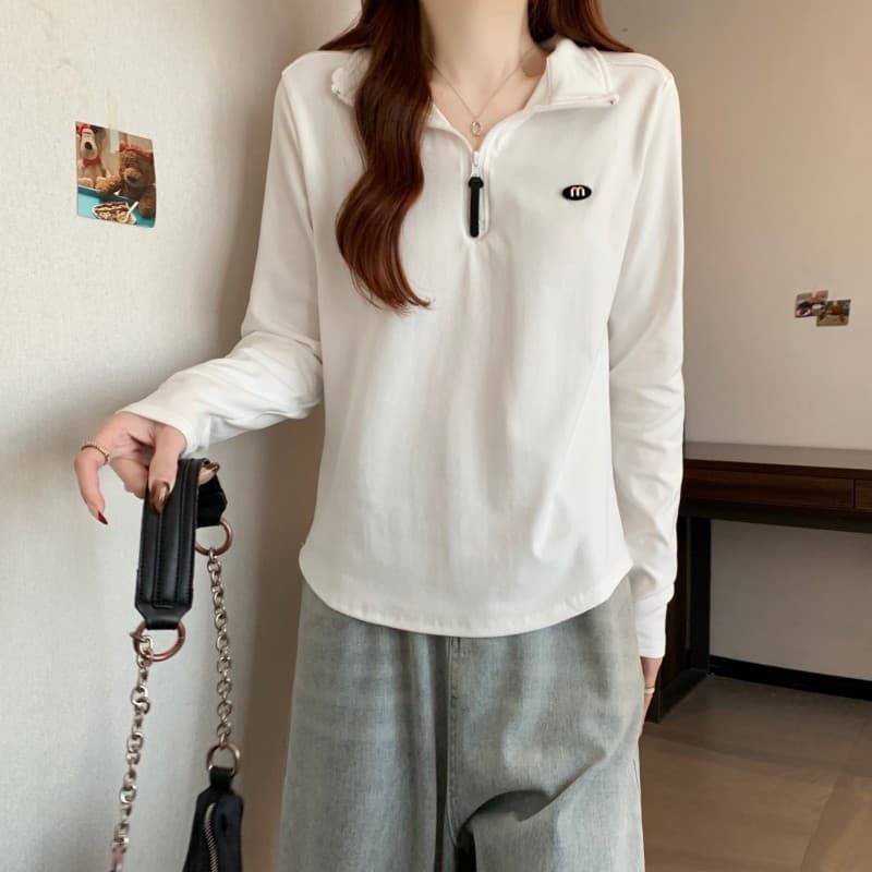 실사 빅 사이즈 지방 mm 가을 새로운 하프 지퍼 단색 긍정적 인 어깨 긴팔 풀오버 맨위 티셔츠 상세 이미지 5