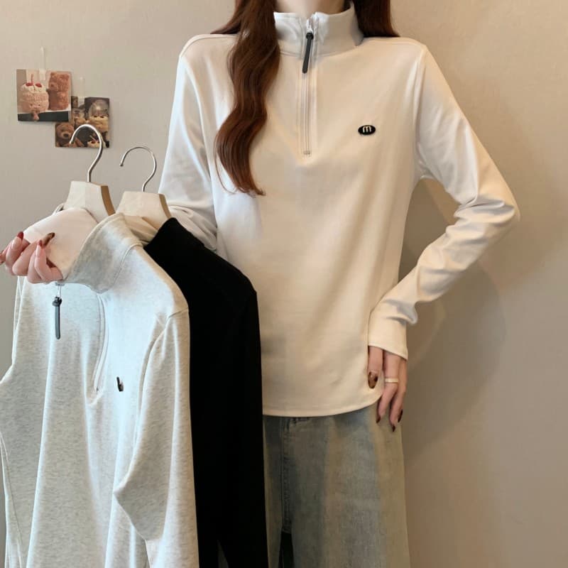 실사 빅 사이즈 지방 mm 가을 새로운 하프 지퍼 단색 긍정적 인 어깨 긴팔 풀오버 맨위 티셔츠 상세 이미지 6