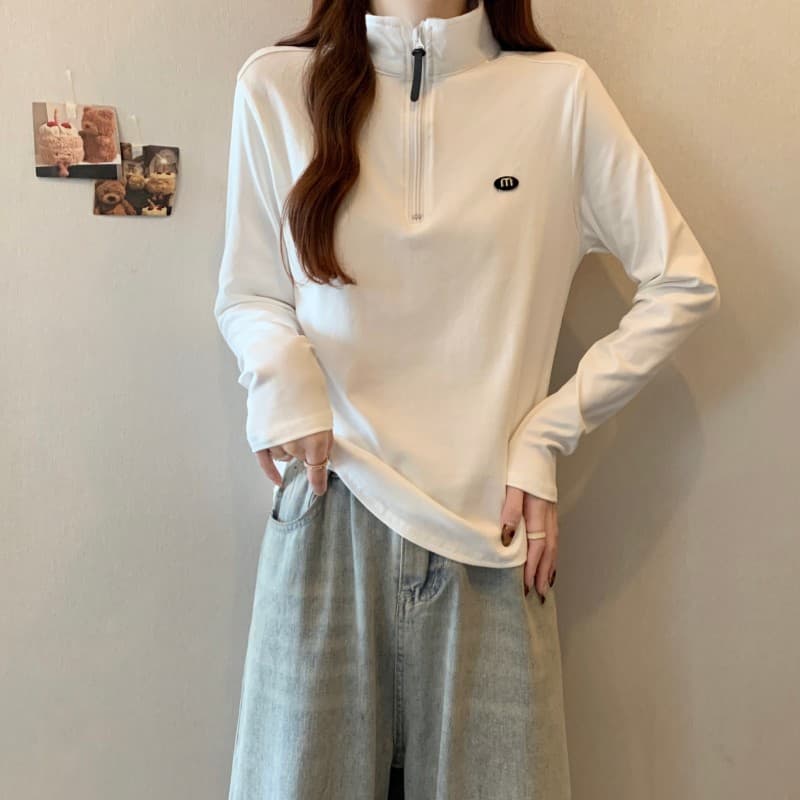 실사 빅 사이즈 지방 mm 가을 새로운 하프 지퍼 단색 긍정적 인 어깨 긴팔 풀오버 맨위 티셔츠 상세 이미지 8