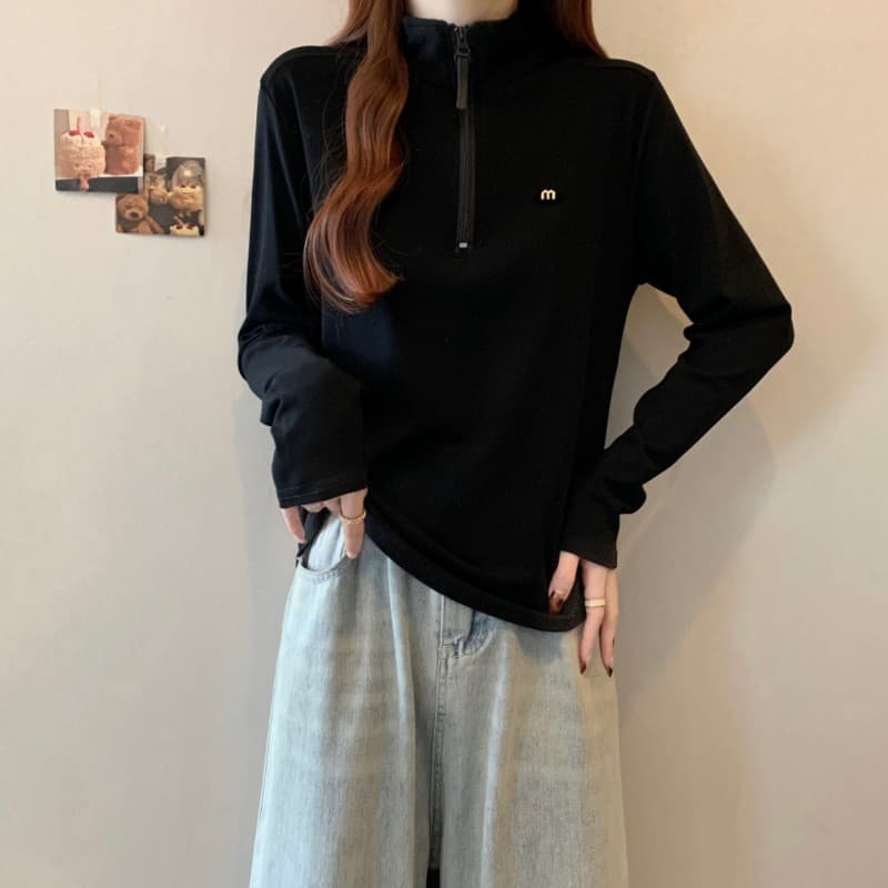 실사 빅 사이즈 지방 mm 가을 새로운 하프 지퍼 단색 긍정적 인 어깨 긴팔 풀오버 맨위 티셔츠 상세 이미지 11