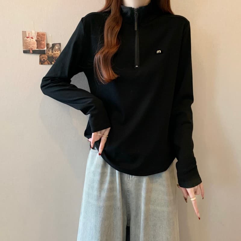 실사 빅 사이즈 지방 mm 가을 새로운 하프 지퍼 단색 긍정적 인 어깨 긴팔 풀오버 맨위 티셔츠 상세 이미지 13