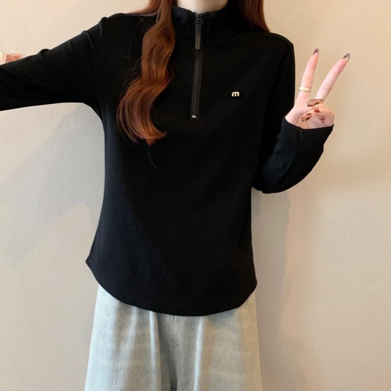 실사 빅 사이즈 지방 mm 가을 새로운 하프 지퍼 단색 긍정적 인 어깨 긴팔 풀오버 맨위 티셔츠 상세 이미지 14