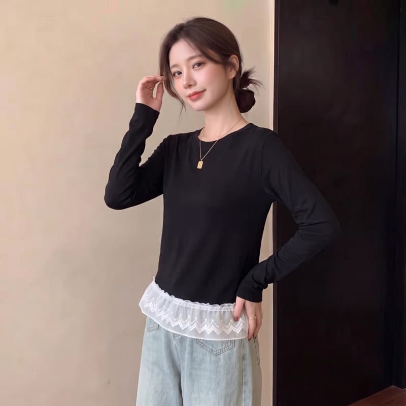 실사 빅 사이즈 지방 mm 가을 새로운 라운드 넥 단색 패치워크 레이스 밑단 긴팔 풀오버 맨위 t 이미지 4