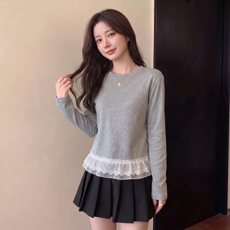 실사 빅 사이즈 지방 mm 가을 새로운 라운드 넥 단색 패치워크 레이스 밑단 긴팔 풀오버 맨위 t 상세 이미지 4