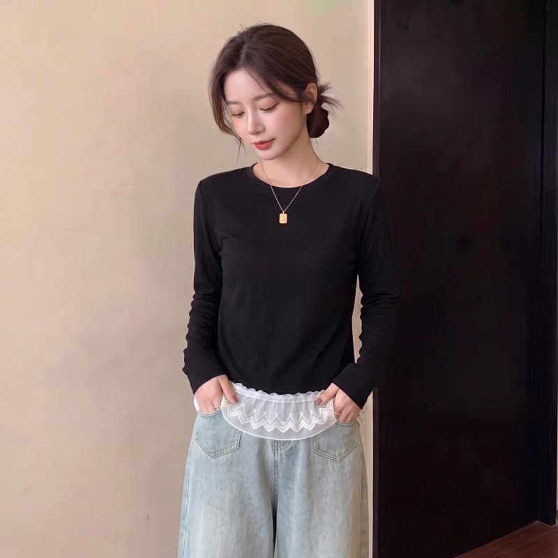 실사 빅 사이즈 지방 mm 가을 새로운 라운드 넥 단색 패치워크 레이스 밑단 긴팔 풀오버 맨위 t 상세 이미지 6