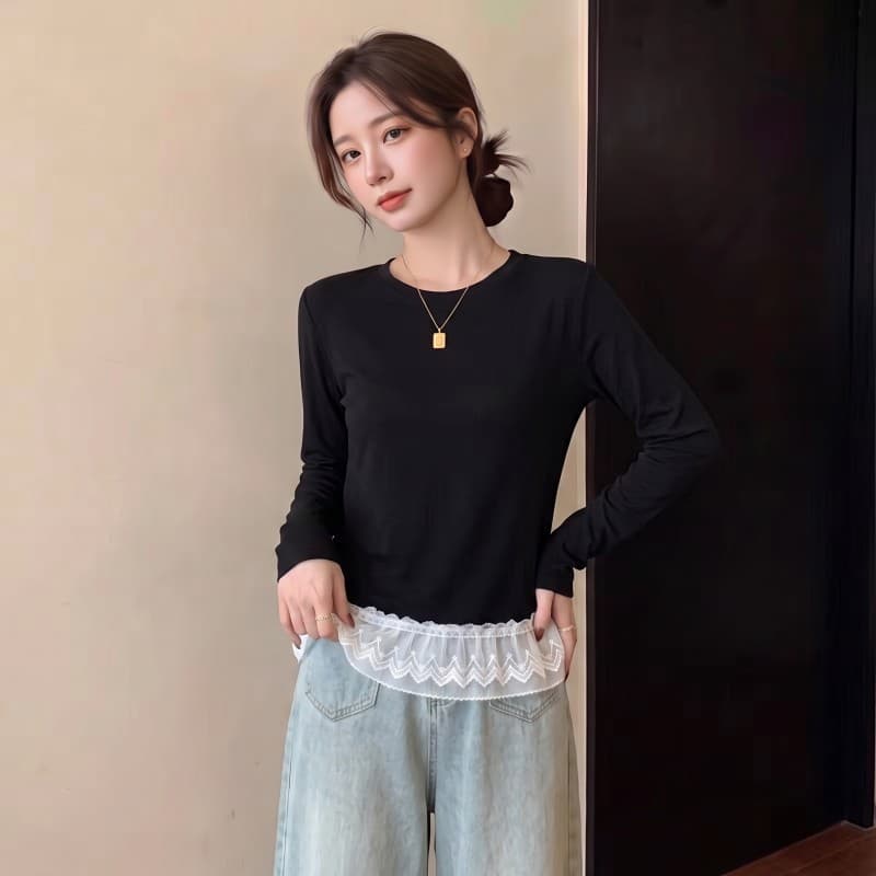 실사 빅 사이즈 지방 mm 가을 새로운 라운드 넥 단색 패치워크 레이스 밑단 긴팔 풀오버 맨위 t 상세 이미지 8